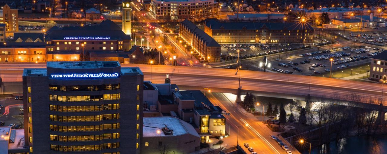 GVSU Pew Campus night aerial photo